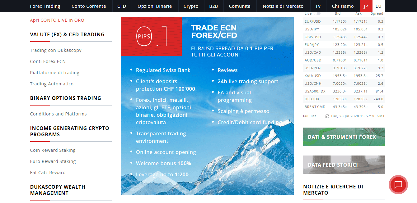 Recensione di Dukascopy - Condizioni dei diversi conti di trading